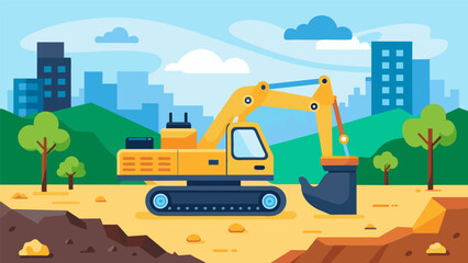 Heavy machinery excavating and clearing the site making way for the foundation work to begin.. Vector illustration