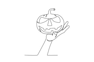 One continuous line drawing of Hand holding halloween pumpkin. Minimalism concept one line draw graphic design vector illustration
