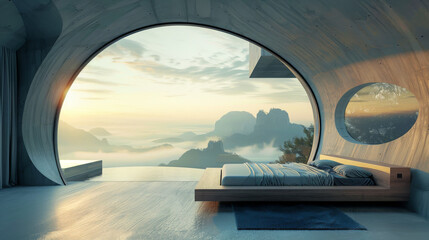 Luxurious Bedroom Overlooking Misty Mountains