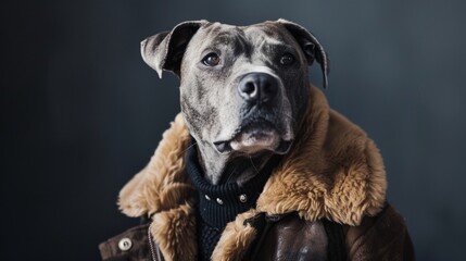 A dog wearing clothes and accessories in the style of actors.