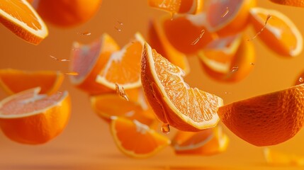 Abstract representation of an orange cut into intricate pieces, floating freely, using negative space for a clean and modern look