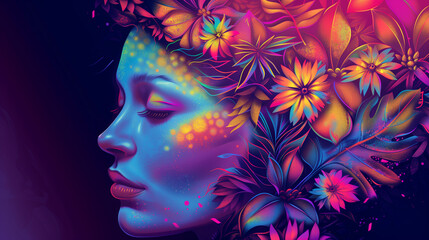 Fototapeta premium A woman with a flowery headdress and colorful makeup