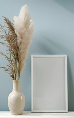 Naklejka premium white mockup frame on the table, a beige vase with pampas grass nearby