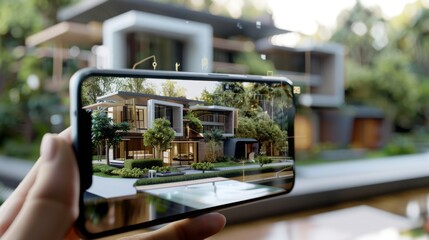 A persons hand holds a smartphone capturing a virtual display of a modern home, blending with the surrounding environment.