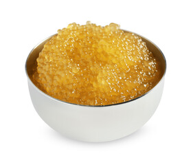 Fresh pike caviar in bowl isolated on white