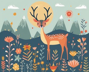 cartoon deer on a rainbow background.