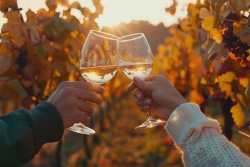 Friends enjoying harvest time at vineyard  toasting wine at sunset.