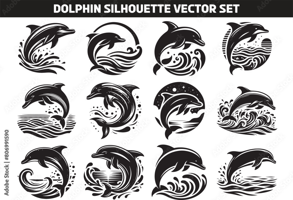 Poster dolphin silhouette vector illustration set