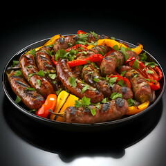 Grilled sausages with vegetables on a black background. Selective focus.