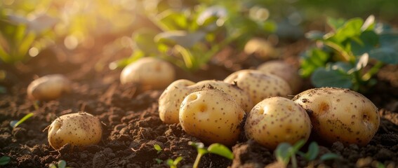 potatoes harvest growing field in the garden bed
