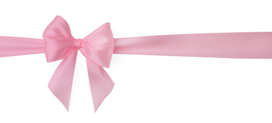 Pink satin ribbon with bow isolated on white, top view