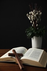 Bible, plant with willow branches and cross on wooden table