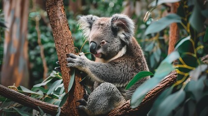koala bear sitting on tree branch eating eucalyptus leaves 4k wildlife wallpaper