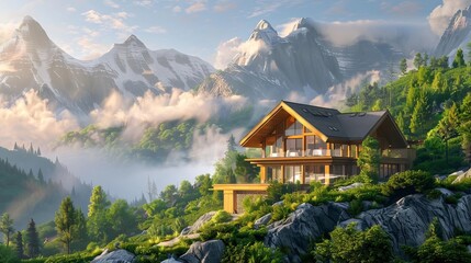 luxurious modern mountain resort hotel chaletstyle architecture amid lush green landscape travel...