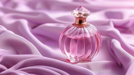 luxury glass perfume bottle on purple velvet cloth pink theme product mockup banner