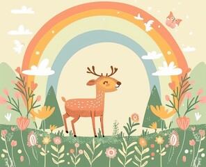Obraz premium cartoon deer on a rainbow background.