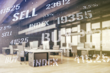 Multi exposure of virtual abstract financial diagram on a modern furnished office interior...