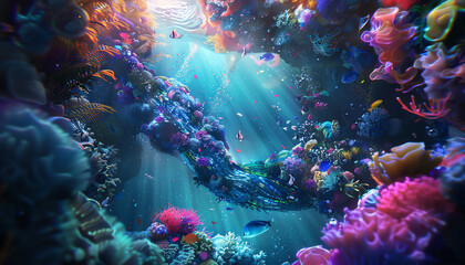 Craft a photorealistic digital artwork featuring a Worms-eye view Robotic Mermaid