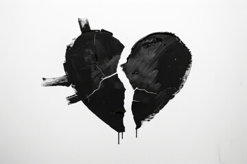 Minimalistic art of a heart painted in black, split down the middle, set against a clean white background, portraying themes of heartbreak and separation