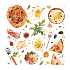 A watercolor set painting of a variety of foods, including pizza, eggs, and salad. The painting is full of vibrant colors and has a lively, appetizing feel to it