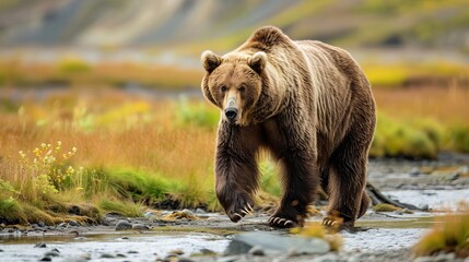 Obraz premium majestic grizzly bear in rugged alaskan wilderness landscape wildlife photography