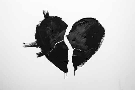 Minimalistic art of a heart painted in black, split down the middle, set against a clean white background, portraying themes of heartbreak and separation