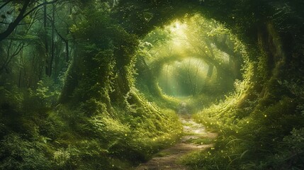 Enchanted forest path leading through a dense green tunnel, promising adventure and solitude in nature's embrace.
