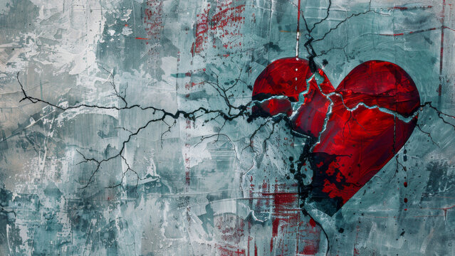 Abstract painting of a cracked heart on a textured grey background, symbolizing heartbreak or lost love. The vivid red heart stands out against the distressed surface, 