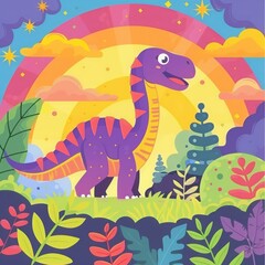 cartoon dinosaur on a rainbow background.