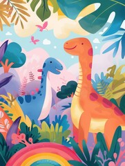cartoon dinosaur on a rainbow background.