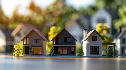 A line of miniature houses placed neatly on top of a flat wooden surface.