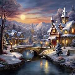 Winter landscape with snowy village and bridge over the river. Digital painting.