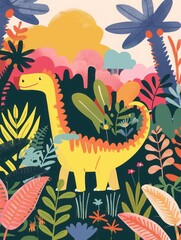 cartoon dinosaur on a rainbow background.