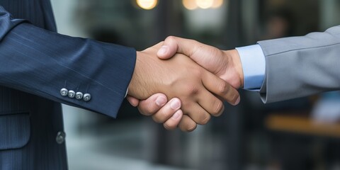 Two business individuals in suits are engaging in a handshake against a blurred office background