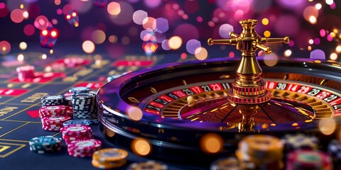 Casino roulette table neon bokeh lights with chips, gambling concept, copy space