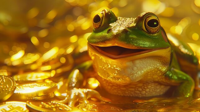 A green frog sitting on top of gold coins.