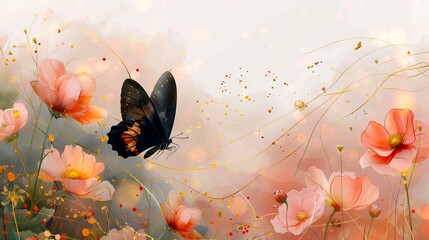 A butterfly is flying over pink flowers.