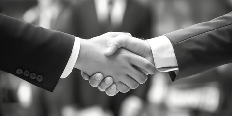 A professional and trust-inducing image of two men in suits engaging in a firm handshake, symbolizing agreement and business relations