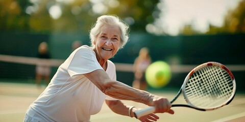 Elderly senior woman hits tennis ball on court smiling, retirement exercise, healthy aging lifestyle - Powered by Adobe