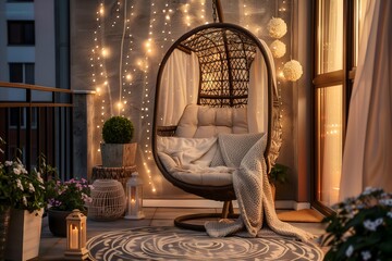 Empty wicker hanging chair with rug on balcony, lanterns relaxing evening setting