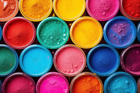 Overhead shot captures an array of brightly colored powdered pigments in buckets, showcasing their texture and saturation