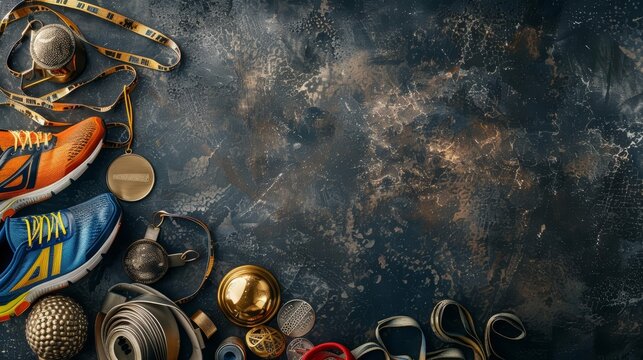 A creative flat lay template of marathon medals and running shoes champions athletic achievements and fitness goals, with solid background and copy space on center