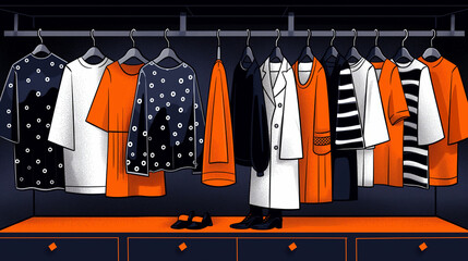 Colorful clothing on hangers in a store with shoes displayed below, depicted in a stylized illustration.