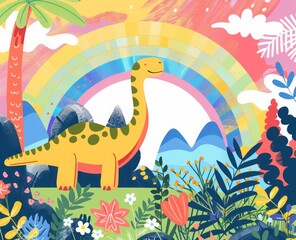 cartoon dinosaur on a rainbow background.