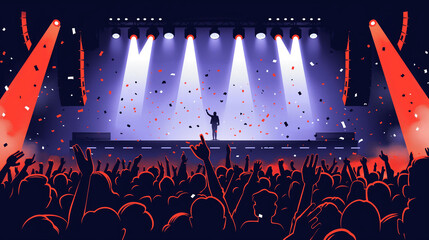 Colorful illustration of a concert crowd with hands up, stage lights, and confetti.
