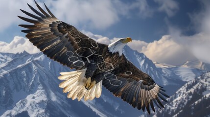 An eagle with hexagonal feather motifs soaring against a mountainous skyline.