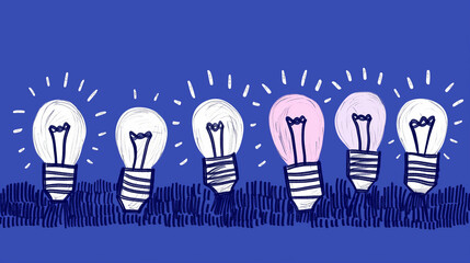 Illustration of five cartoon-style lightbulbs with varying glow intensity against a blue background.