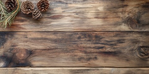 A brown textured wooden board background with scattered pine cones, perfect for rustic themed designs. copy space - Powered by Adobe