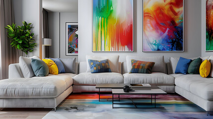 Stylish living room with colorful abstract paintings and modern sectional couch AI