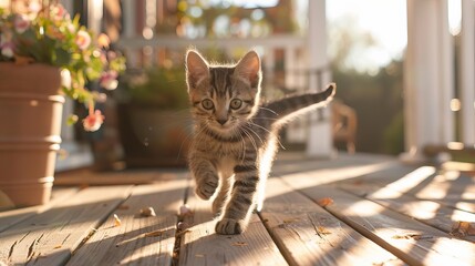 playful kitten running on sunny front porch cute pet photography